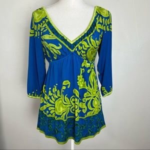 Hale Bob Blue Green Floral Blouse